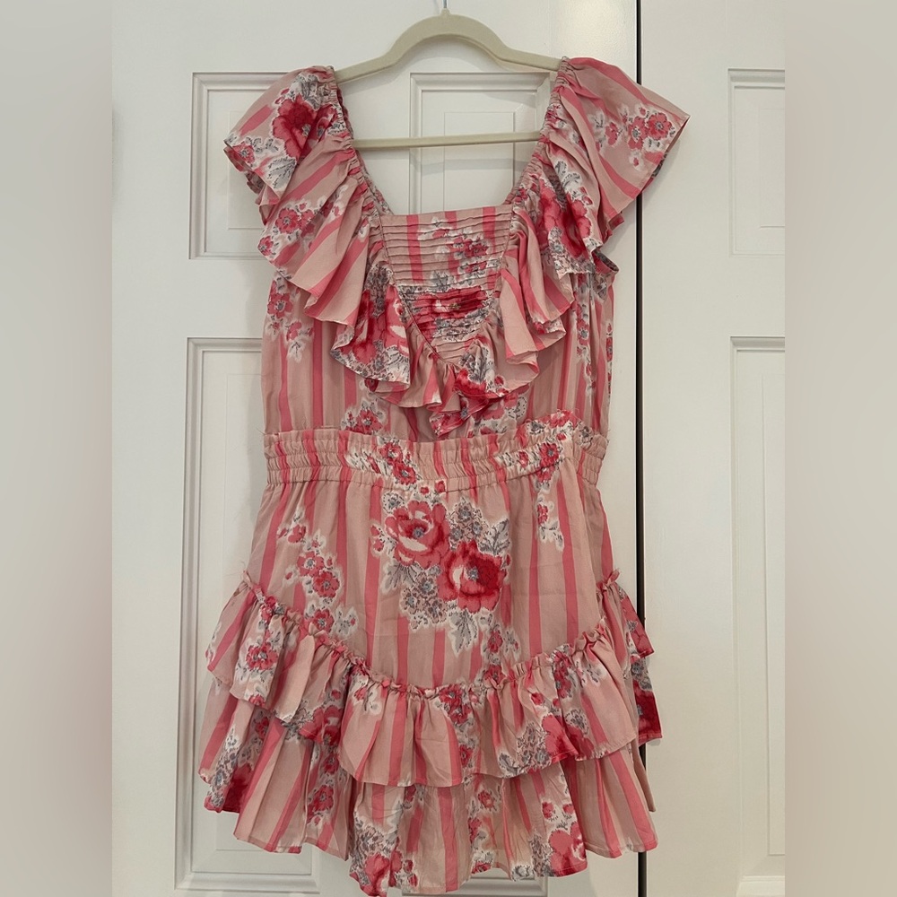 LoveShackFancy Pink Floral Ruffle Mini Dress